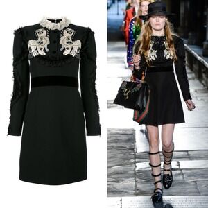 NWT GUCCI King Spaniel‎ Appliqué Silk Mini Dress Resort 2017 $6,200 IT40 / US 4